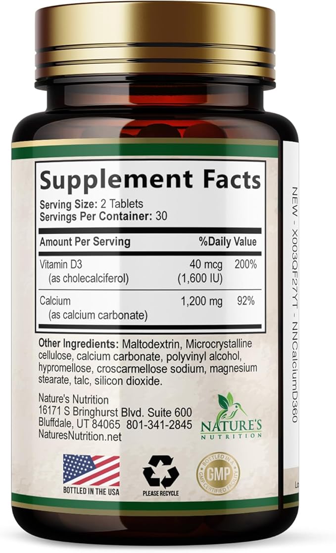 Calcium 1200 mg with Vitamin D3 Per Serving - Bone Health Supplement, Vitamin D & Calcium Supplements for Women & Men - Bone, Teeth & Immune Support, Nature's Calcium Pills, USA Bottled - 60 Tablets