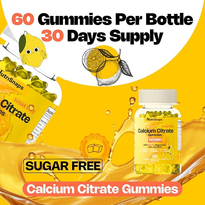 Sugar Free Calcium Citrate Gummies 1200mg with Vitamin D3 K2, Magnesium, Zinc, MSM for Men & Women, Bone, Muscle, Immune Support, Ultimate Absorption Calcium Supplement, Vegan, 60 Count
