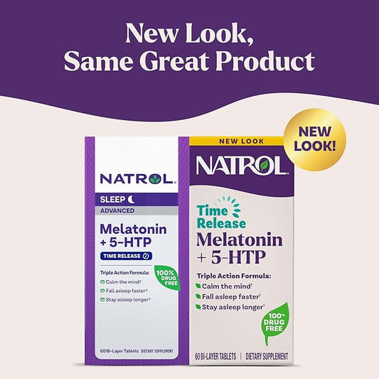 Natrol Melatonin + 5-HTP Time Release Sleep Aid, Triple Action Formula, Calm the Mind, Fall Asleep Faster and Stay Asleep Longer, 60 Bi-Layer Tablets, Up to a 60 Day Supply