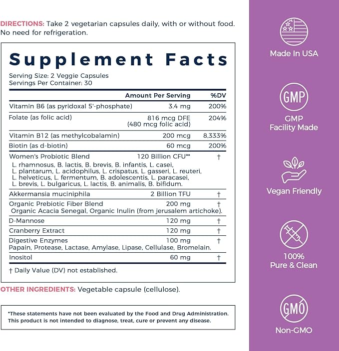 NewRhythm Probiotics for Women, Akkermansia Probiotic, Biotin, Vitamin B6 B12 & Inositol, 120 Billion CFU 20 Strains, Digestive Enzymes, Prebiotics & Vaginal Probiotics for PH Balance, 60 Capsules