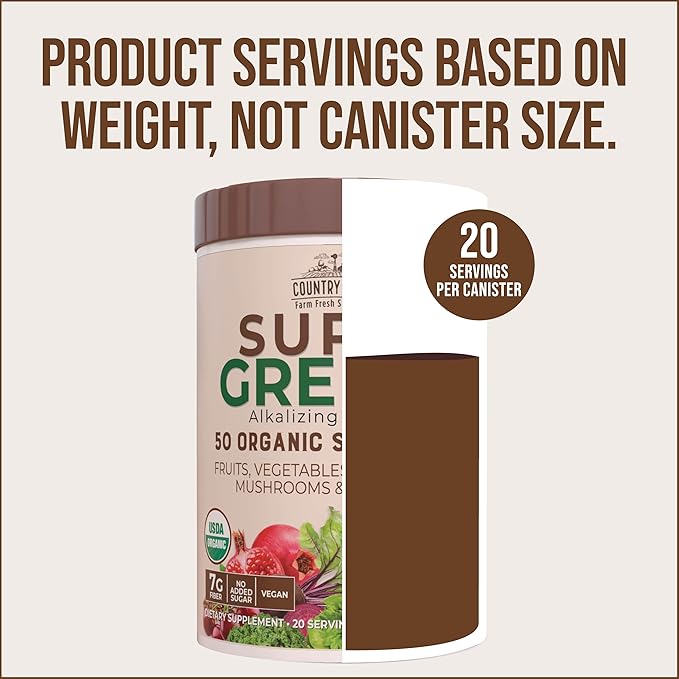 Country Farms Organic Super Greens Chocolate Flavor, 50 Organic Super Foods, USDA Organic Drink Mix, Packed with Fiber, Fruits, Vegetables, Mushrooms & Probiotics, Supports Energy, 7g Fiber