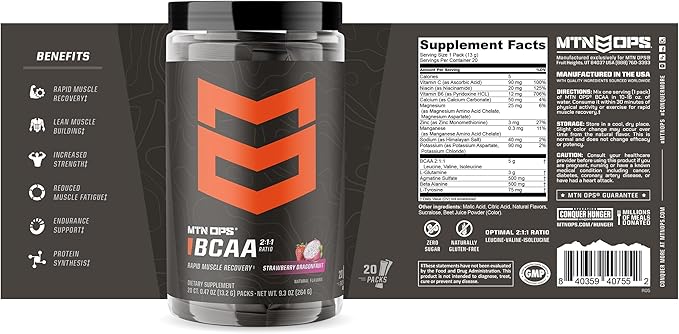 MTN OPS BCAA Powder 2:1:1 Amino Acids Supplement Powder for Rapid Muscle Recovery & Repair with Zero Sugar & Gluten Free - 20 Servings, Strawberry Dragonfruit Trail Packs