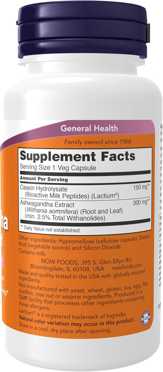Now Supplements, Ashwagandha Stress Relief, Mood and Sleep Support*, with Clinically Studied Lactium®, Promotes Relaxation & Restful Sleep*, 60 Veg Capsules