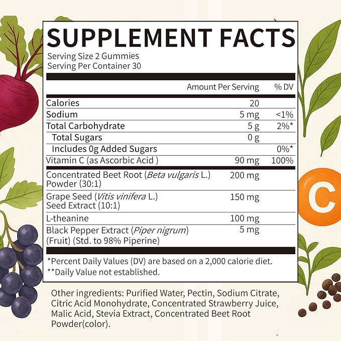 Beet Root Gummies – Beetroot Gummies for Circulation, Heart & Blood Pressure Support, Nitric Oxide Beets Gummies with Grape Seed, L-Theanine for Calm Mood, Sugar-Free Vegan, 30:1 Extract, 60 Count