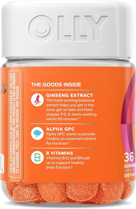 OLLY Laser Focus Gummy, Ginseng, Alpha GPC, B Vitamins, Berry Tangerine Flavor - 36 Count