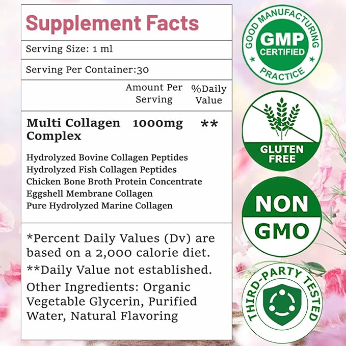 Multi Collagen Peptides Liquid Drop Organic Hydrolyzed Collagen Complex w. Biotin, Vitamin C & Hyaluronic Acid, Liquid Collagen Types I, II, III, IV, V for Hair, Skin, Nails & Joint Health