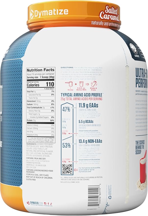 Dymatize ISO100 Whey Protein Powder Isolate, Salted Caramel, 25g of Protein, 5.5g BCAAs, Less Than 120 Cal., Gluten Free, 1g Fat, 1g Sugar, 2g Carb (20 Servings)