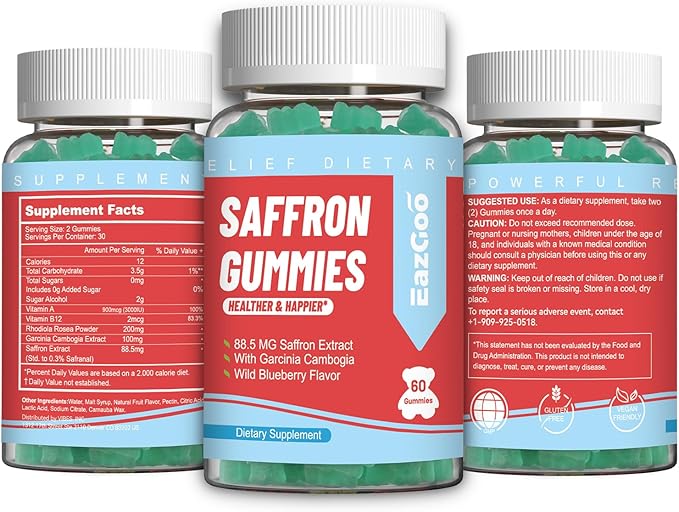Saffron Supplements Gummies, Saffron Extract for Positive Mood & Calm Nerve, Boost Energy, with Garcinia Cambogia, Vitamin A, B12, Rhodiola Rosea - 60 Gummies