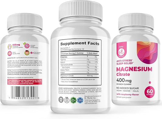 DR. MORITZ Magnesium Citrate Gummies Sugar-Free - Calm Magnesium Gummies Supplement for Children, Sugar -Supports Cardiovascular Health -Free Chews for Kids & Adults (60 Count)