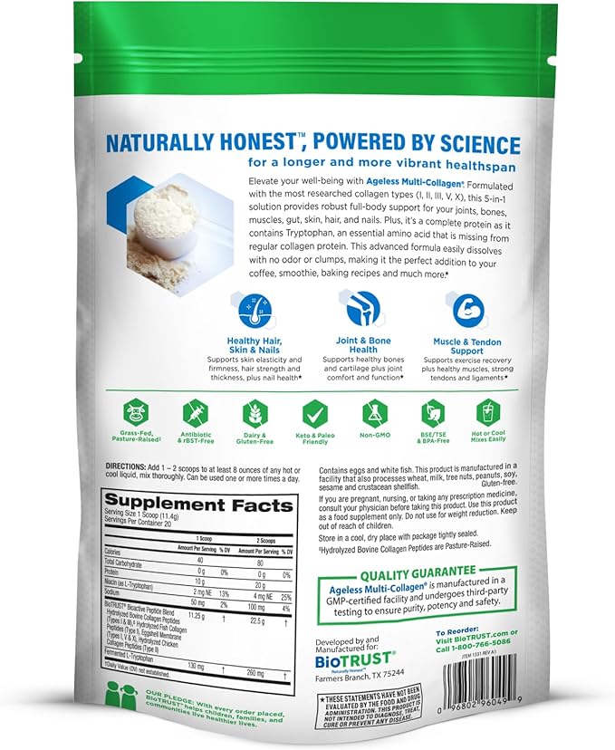 BioTrust Ageless Multi Collagen Peptides Powder – 5 Types (I, II, III, V, X) – Unflavored Collagen Powder for Women & Men – Hydrolyzed Protein – Grass Fed Beef, Fish, Chicken, Eggshell Membrane