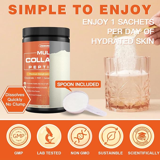 ZEBORA Multi-Collagen-Peptides-Powder for Joint Recovery with MSM & CS - 50 Servings of Hydrolyzed Collagen for Women Men - Type I II III V X Collagen for Skin Hair Nail & Joint Support, Keto Friendly