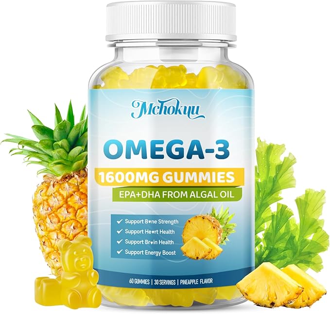Vegan Omega-3 Gummies 1600mg EPA & DHA from Algal Oil, Fish Oil Alternative for Adults & Kids, Omega 3 Supplement with Vitamin D3 K2 for Brain, Eye & Immune Health Sugar Free Pineapple, 120 Count