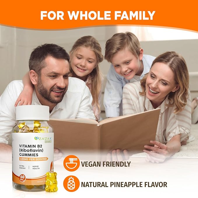 ZA'ZA K ORGANICS Vitamin B2 Gummies - Riboflavin 400 mg for Kids & Adults, Vegan Essential Vitamin B2 Supplements, Energy Support & Nerve Health, 60 Gummies