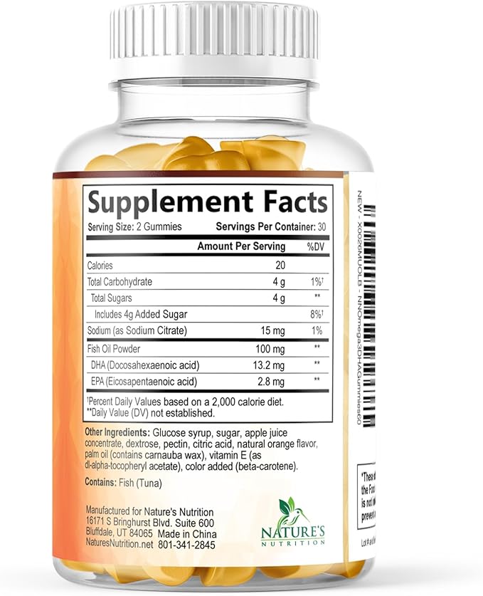 Omega 3 Fish Oil Gummies - Heart Healthy Omega 3 Gummy Supplement with High Absorption DHA & EPA, Extra Strength Joint & Brain Support, Delicious Orange Flavor Fish Oil Nature's Vitamin - 60 Gummies