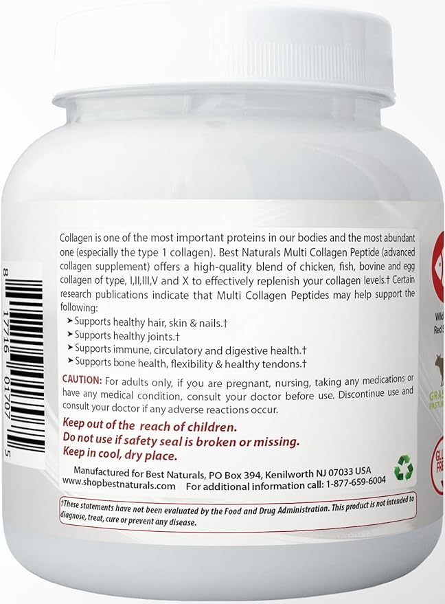 Best Naturals Multiple Collagen Peptides Protein Type I, II III, V & X Collagen unflavored 1 Pound - Grass Fed & Pasture Raised - Water Soluble - Easy to Mix