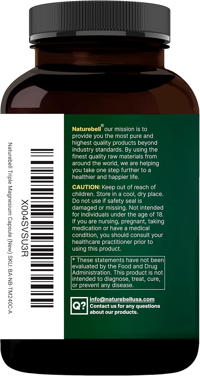 NatureBell Magnesium Complex for Women & Men 1,000mg Per Serving – 240 Capsules – Triple Magnesium Complex with Glycinate, Citrate & Malate – Chelated & Purified – Non‑GMO, Filler Free