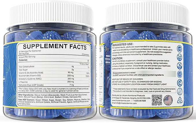 LILICARE Methylene Blue Gummies 7mg Per Serving for Humans | Upgraded Antioxidant & Brain Booster Supplement for Cognitive Function, Energy, Cellular & Mitochondrial Health | Pure, Vegan, 60 Counts