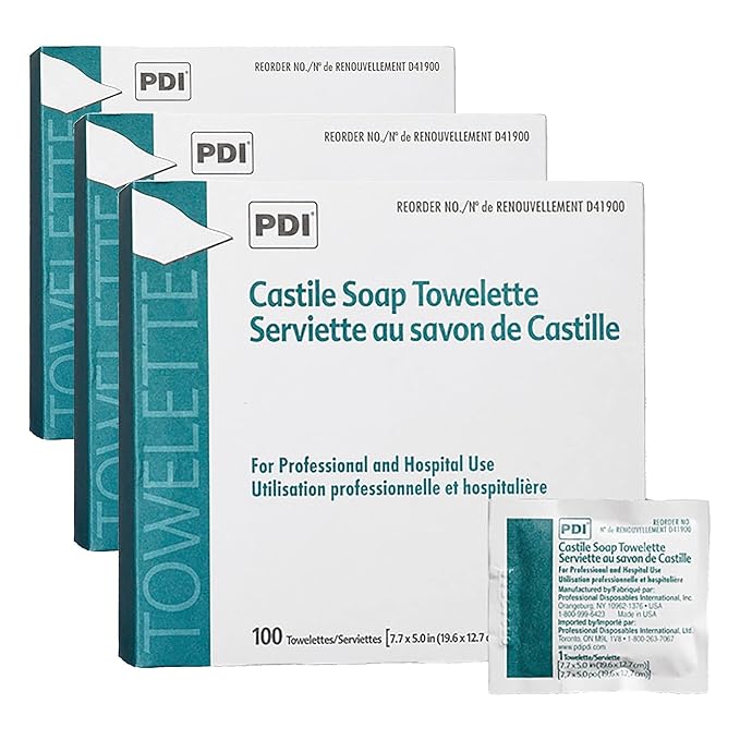 PDI Castile Soap Towelette, 1 Box of 100 Individually Wrapped 7.7"x5" Wipes, Gentle Soap Cleansing Towelettes for Personal Hygiene, Hand & Facial Cleaning, Travel & Patient Care (Pack of 3)