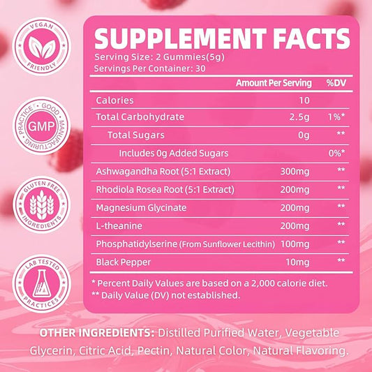 Cortisol Gummies for Women, Cortisol Supplements Gummies with Magnesium Ashwagandha Rhodiola Rosea and L-theanine Complex for Relaxation and Focus, Zzz Support, Raspberry Flavor, 60 Count