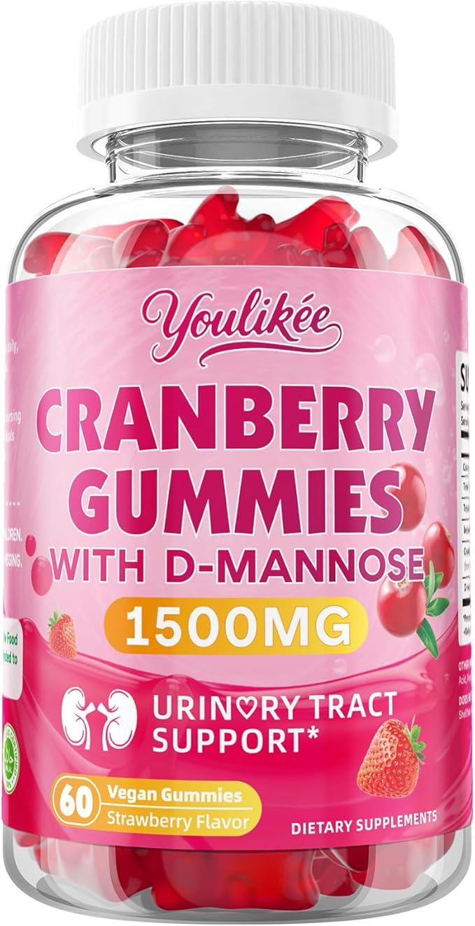 Vegan Cranberry Gummies with D Mannose - Supports Urinary Tract Health for Women & Men, Sugar-Free, Non-GMO and Gluten Free, Strawberry Flavor, 60 Count