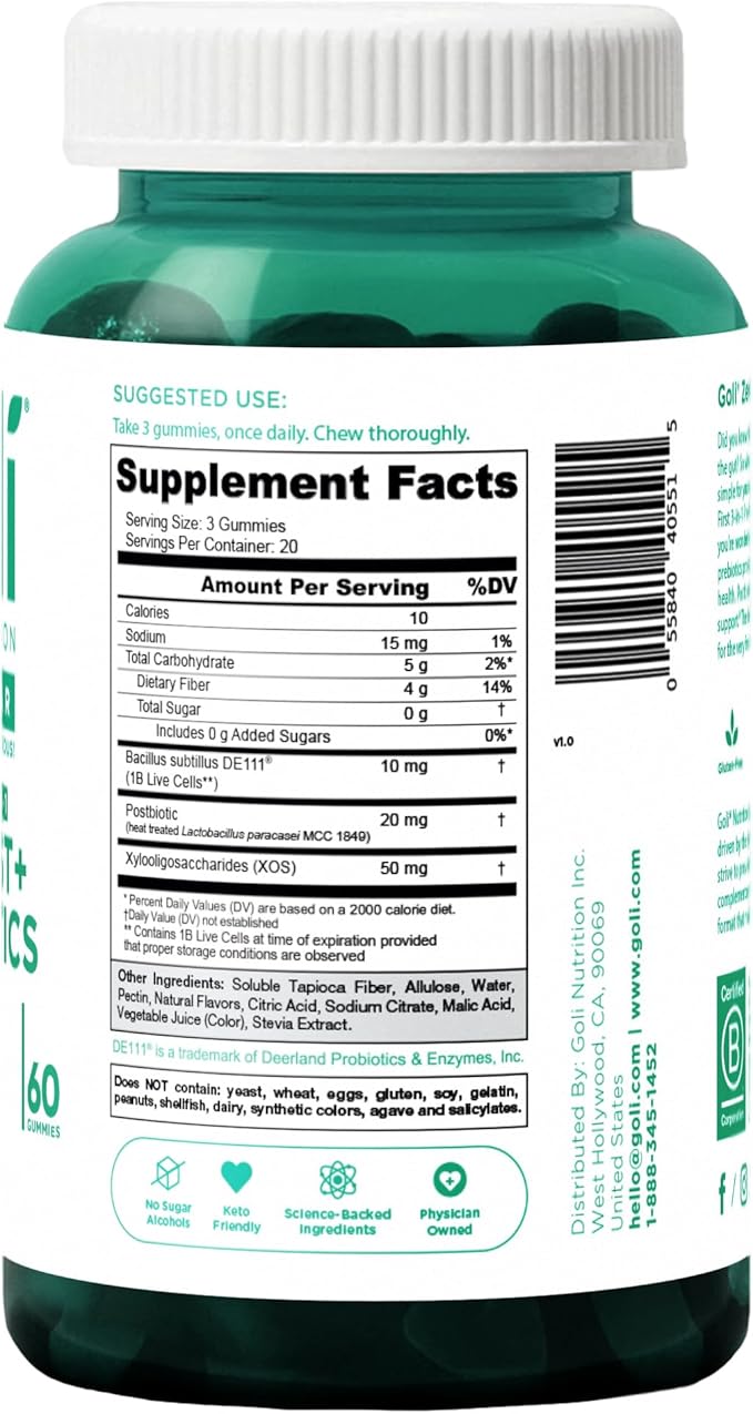 Goli Zero Sugar Pre Pro Postbiotic Gummies - Worlds First 3-in-1 with DE111, XOS, MCC1849 - No Sugar Alcohols - Vegan, Keto-Friendly, Non-GMO