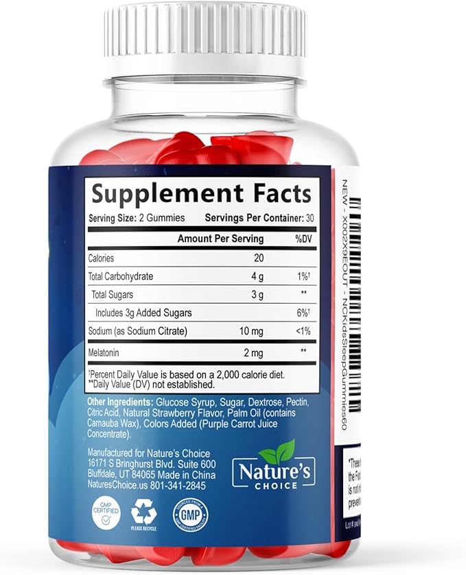 Nature's Choice Kids Sleep Gummies - 2mg Melatonin Per Serving - Children's Sleep Gummy, Non-Habit Forming, Works with Natural Sleep Cycle, Calm & Drug-Free, Tasty Natural Berry Flavor, 60 Gummies