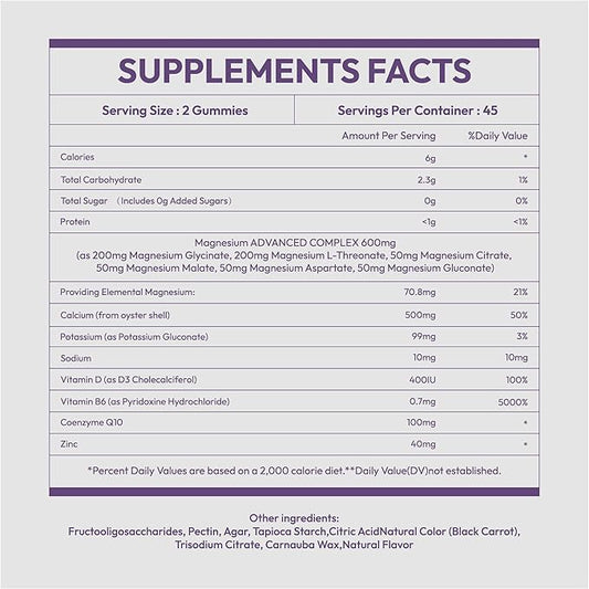Magnesium Complex 14 in 1 Magnesium Gummies 90 Sugar-Free,Glycinate L-Threonate,Calcium,Coenzyme Q10,Vitamin B6,D3,Magnesium Supplement for Adults