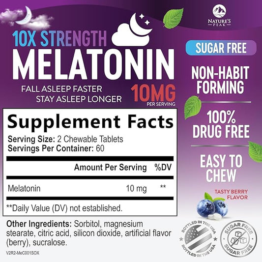 Melatonin 10mg Per Serving - Fast Dissolve Sleep Support Supplements for Adults - Extra Strength Melatonin Tablets for Restful Sleep Support, Strawberry Flavor, Vegetarian - 60 Day Supply