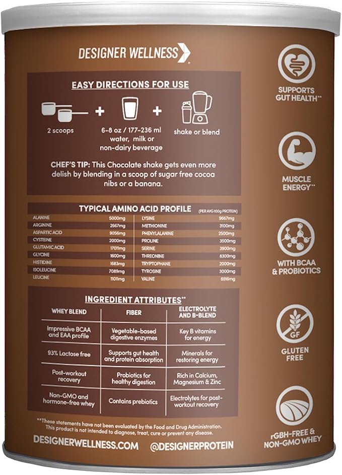 Designer Wellness, Designer Whey, Natural Whey Protein Powder with Probiotics, Fiber, and Key B-Vitamins for Energy, Gluten-Free, Gourmet Chocolate, 12oz