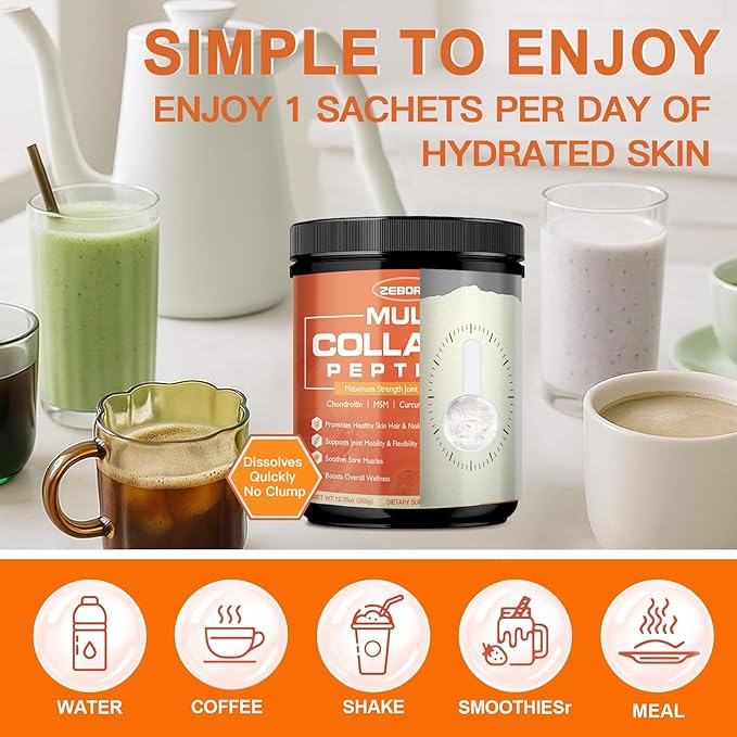 ZEBORA Multi-Collagen-Peptides-Powder with MSM & CS, Type I II III V X Hydrolyzed Collagen Peptides with Hyaluronic Acid & Vitamin C for Women and Men Hair, Skin, Nails & Joint, Non-GMO, 35 Servings
