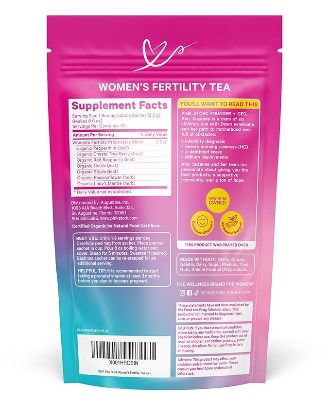 Pink Stork Organic Fertility Tea for Women | Fertility Supplements for Women with Chaste Tree Berry (Vitex) + Red Raspberry Leaf | Hormone Balance Herbal Tea for Conception Support | USDA Organic, Caffeine Free - Sweet Mint, 15 Sachets