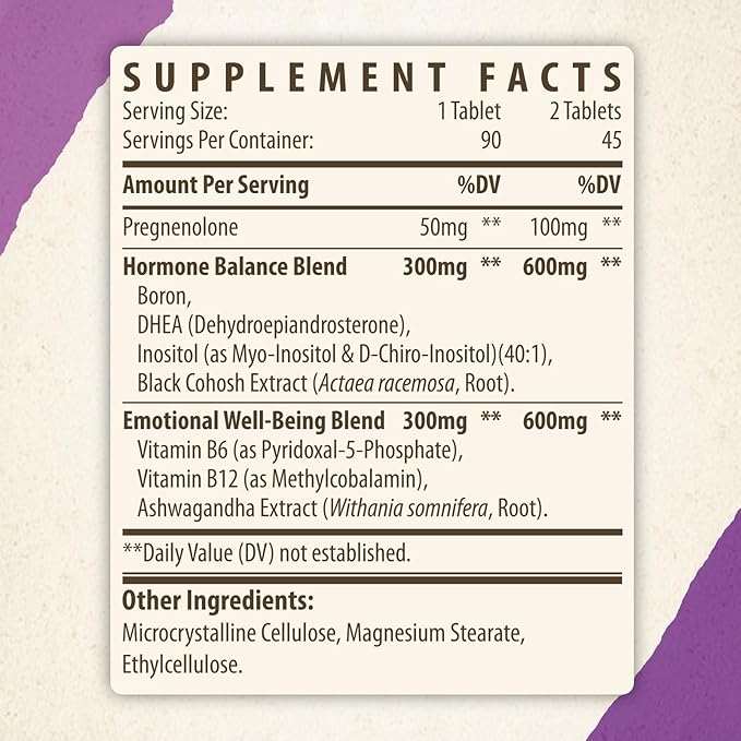 Pregnenolone with Ashwagandha for Women, Pregnenolone 100mg (2 Tablets) or 50mg (1 Tablet) Dose, 8-in-1 Formula with DHEA, Black Cohosh, Dual-Dosing, Vegan, Gluten Free, 90 Chewable Tablets
