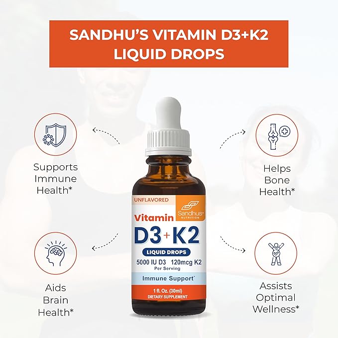 Sandhu's Vitamin D3 K2 Drops for Adults | 5000 IU D3 Liquid, 120mcg K2 Supplement 1 Fl Oz (Pack of 1) | D3K2 Supports Superior Absorption, Energy, Immune, Muscle Health for Men & Women