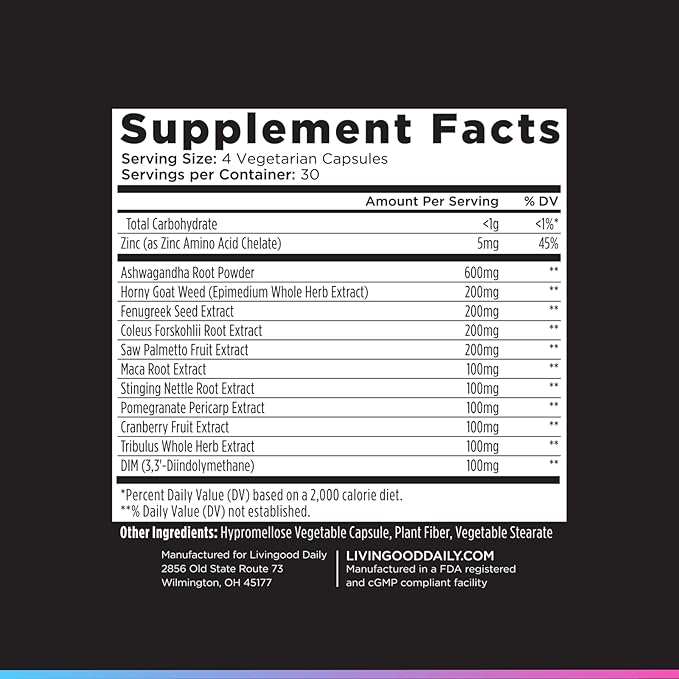 Livingood Daily Men's Hormone Support Supplement for Vitality & Balance, 14-in-1 Testosterone Booster for Men with Ashwagandha, Maca, DIM, Zinc, Saw Palmetto, Vitamin B12 & More, Vegan, 120 Capsules