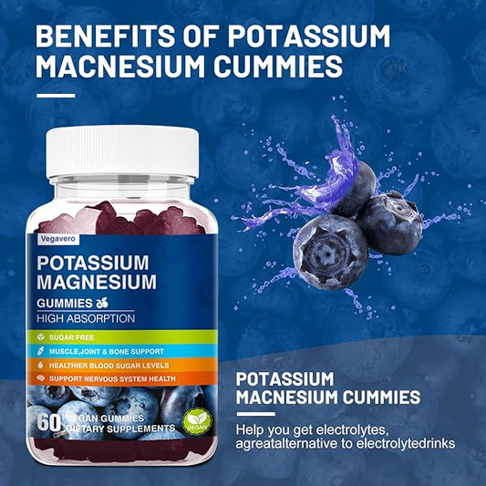 Potassium Magnesium Gummies - Magnesium Glycinate B6,D3 & Potassium Citrate for Leg Cramps,Muscle,Electroyte for Adults Kids,Sugar-Free - 60 Blueberry Gummies