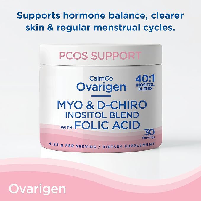 CalmCo Ovarigen Myo-Inositol & D-Chiro Inositol Supplement for Women – 40:1 Inositol Powder with Folic Acid, Fertility Supplements for PCOS, Hormone Balance and Ovarian Support (30 Servings)