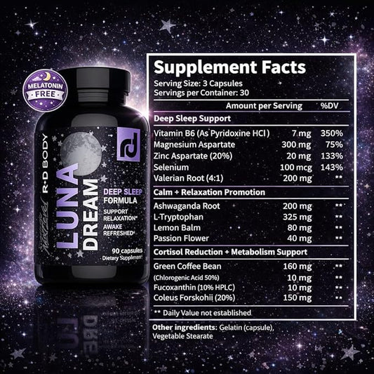 Luna Dream Natural Sleep Supplement for Relaxation & Restful Sleep (90 Capsules) - Natural Sleep Aid with Valerian Root, Ashwagandha, Magnesium, L-Tryptophan, Lemon Balm, & More - Melatonin Free