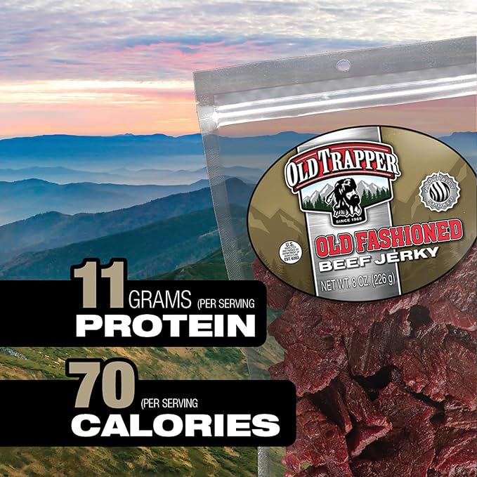 Old Trapper Beef Jerky, Old-Fashioned 8 Ounce Bag, Tender Meat Snacks for Lunches or Between Meals, 11 Grams of Protein, Zero Grams of Fat, and 70 Calories per Serving (Pack of One)