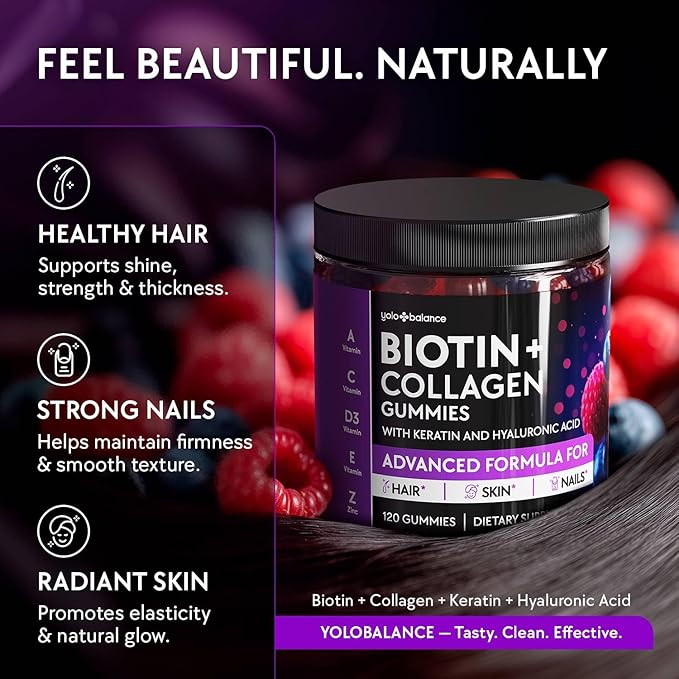 Biotin Gummies 10000mcg for Hair Growth Support - Sugar Free Multi Collagen with Keratin, Silica & Hyaluronic Acid - Pectin Based, Soft Chew Hair Skin and Nails Vitamins - 120 Count