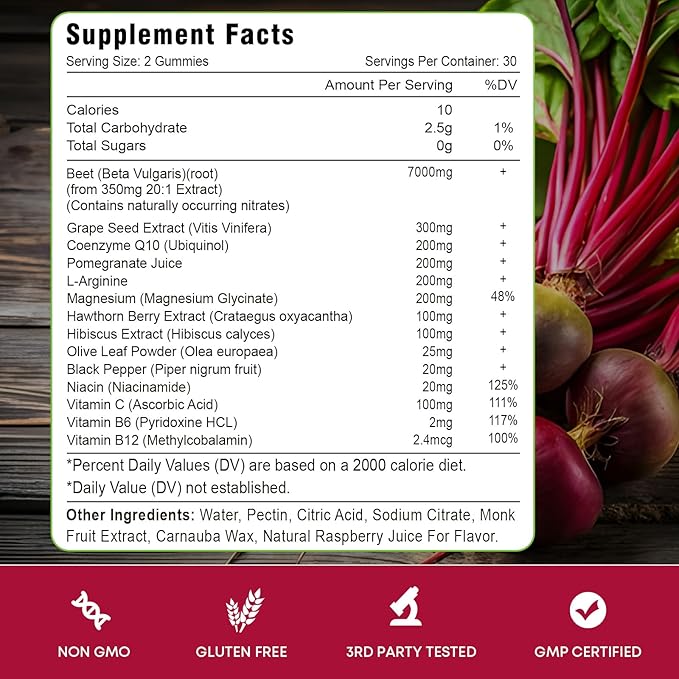 Beet Root Gummies – Nitric Oxide Beetroot Gummies with Coq 10, Grape Seed, Pomegranate for Circulation & Energy Support – Vegan, Non-GMO, 60 Beet Chews