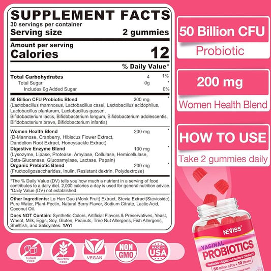 Vaginal Probiotics Gummies for Women PH Balance, Odor Control with Prebiotics, Cranberry, D-Mannose, Promotes Feminine Healthy Vaginal Flora, Urinary Tract, Yeast, Digestive Support, Sugar Free,120Cts