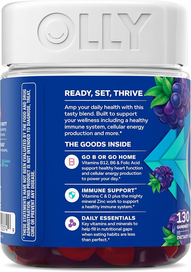 OLLY Men's Multi Gummies, Supports Overall Wellness,* Vitamins A, C, D, E, Bs & Zinc, BlackBerry Blitz Flavored, 65 Day Supply - 130 Count