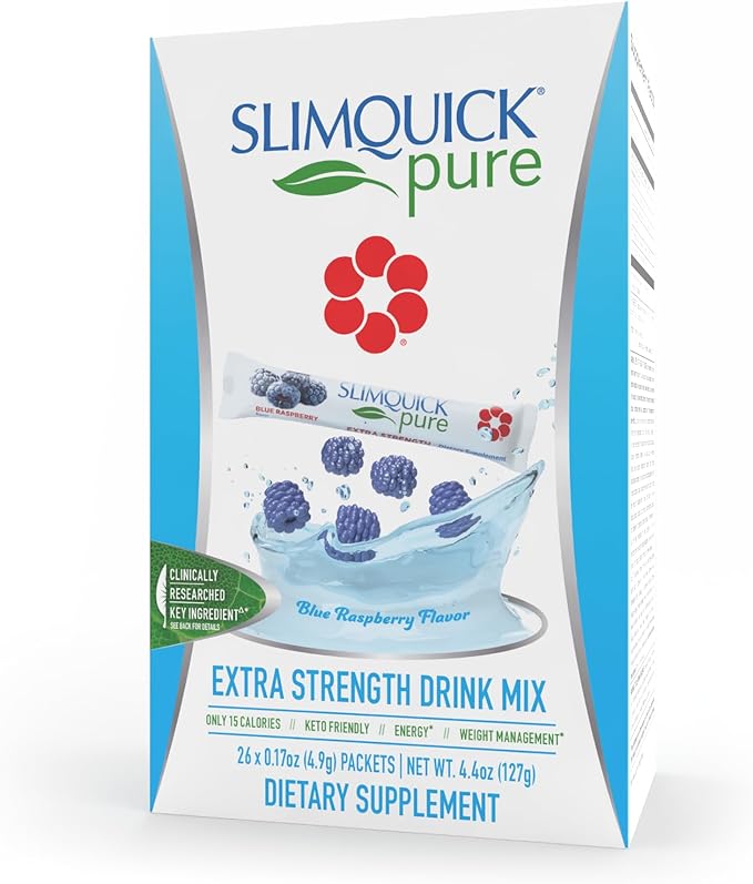 SlimQuick Pure 3X Extra Strength Drink Mix Packets, Metabolism and Weight Management for Women, Helps in Fat Breakdown, with Green Tea, Caffeine, Chaste Tree, Rhodiola - Blue Raspberry 26 Count