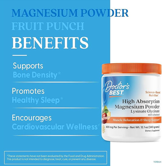 Doctors Best High Absorption Magnesium Powder Lysinate Glycinate 100% Chelated, Muscle Relaxation & Sleep Support, Gluten Free, Vegan, 100% Chelated Net Wt. 12.1 oz (340 Grams), Fruit Punch Flavor