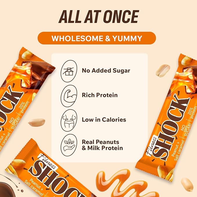 Fitness SHOCK Peanut Salted Caramel Protein Bars - No Added Sugar, Low Calorie Low Carb Snack - 10g Protein, 0g Added Sugar, 180 Kcal, 18g Net Carbs - 12 x 50g