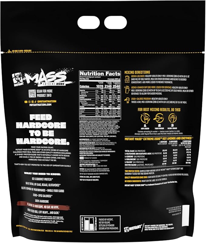 Mutant Mass Extreme 2500 - High Calorie Mass Gainer Whey Protein Powder with Creatine & Amino Acids - Muscle Building & Weight Gain Supplement for Hard Gainers - Triple Chocolate 12 lbs