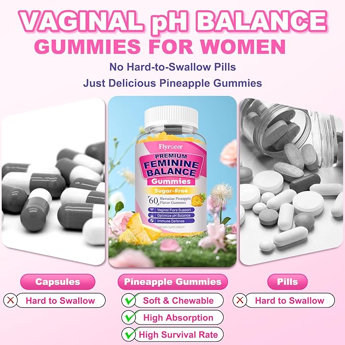 2 Packs Feminine Balance Gummies for Women - PH Balance Gummies Support Vaginal Flora, Gut Health & Immune System, Vegan, Gluten-Free, Tropical Pineapple Flavor (120 Count)