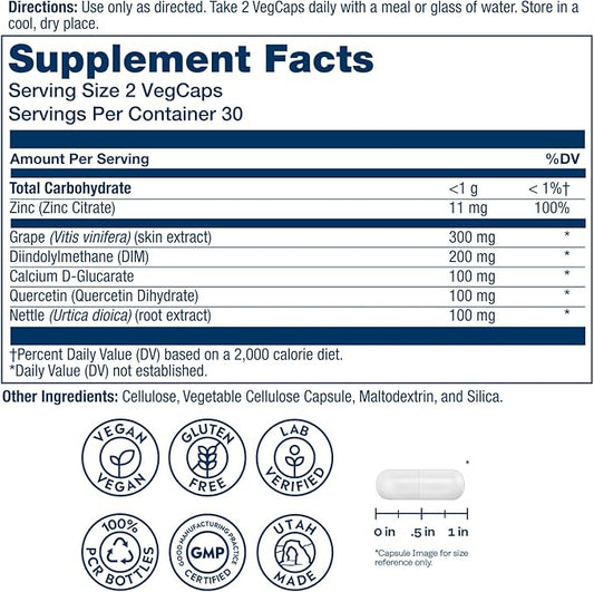 SOLARAY DIM Supplement for Men - Clinically Studied DIM 200mg Supports Hormone Balance - Plus Zinc and Quercetin - Vegan, Gluten Free, 60 Day Money-Back Guarantee - 30 Servings, 60 VegCaps