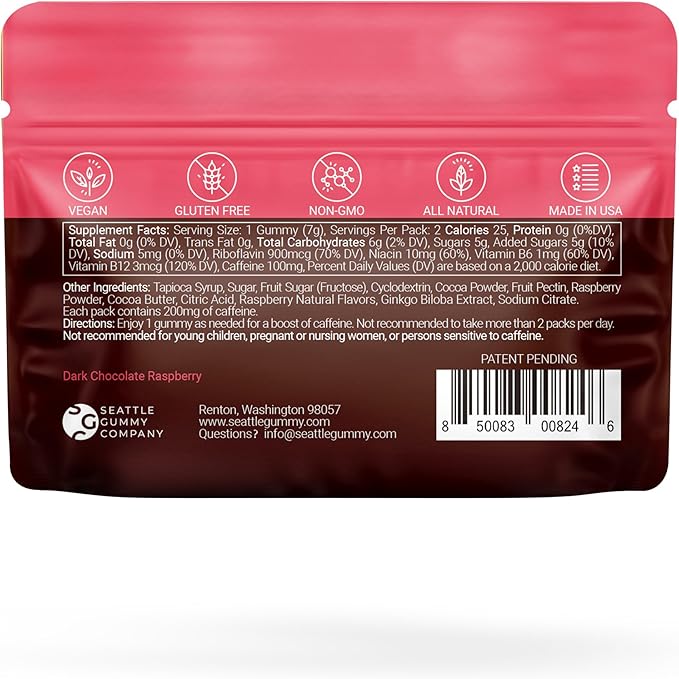 SGC Highest Concentration 100 mg Caffeine per Gummy, 2 Gummies per Pack, 12-Pack Mocca Shots Raspberry Chocolate Plant-Based Instant Energy with Herbal nootropics