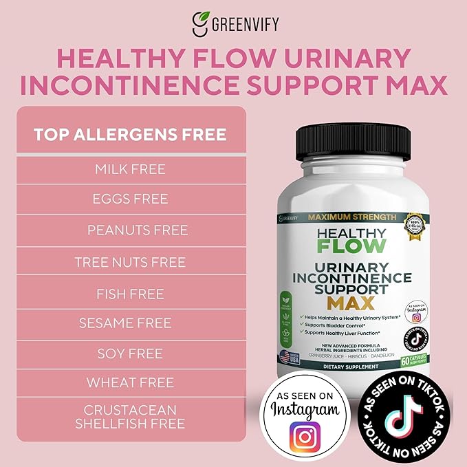 Healthy Flow Urinary Incontinence Support Max, 60 Veggie Capsules, Cranberry Juice Hibiscus Dandelion Formula, 30 Day Supply (5)